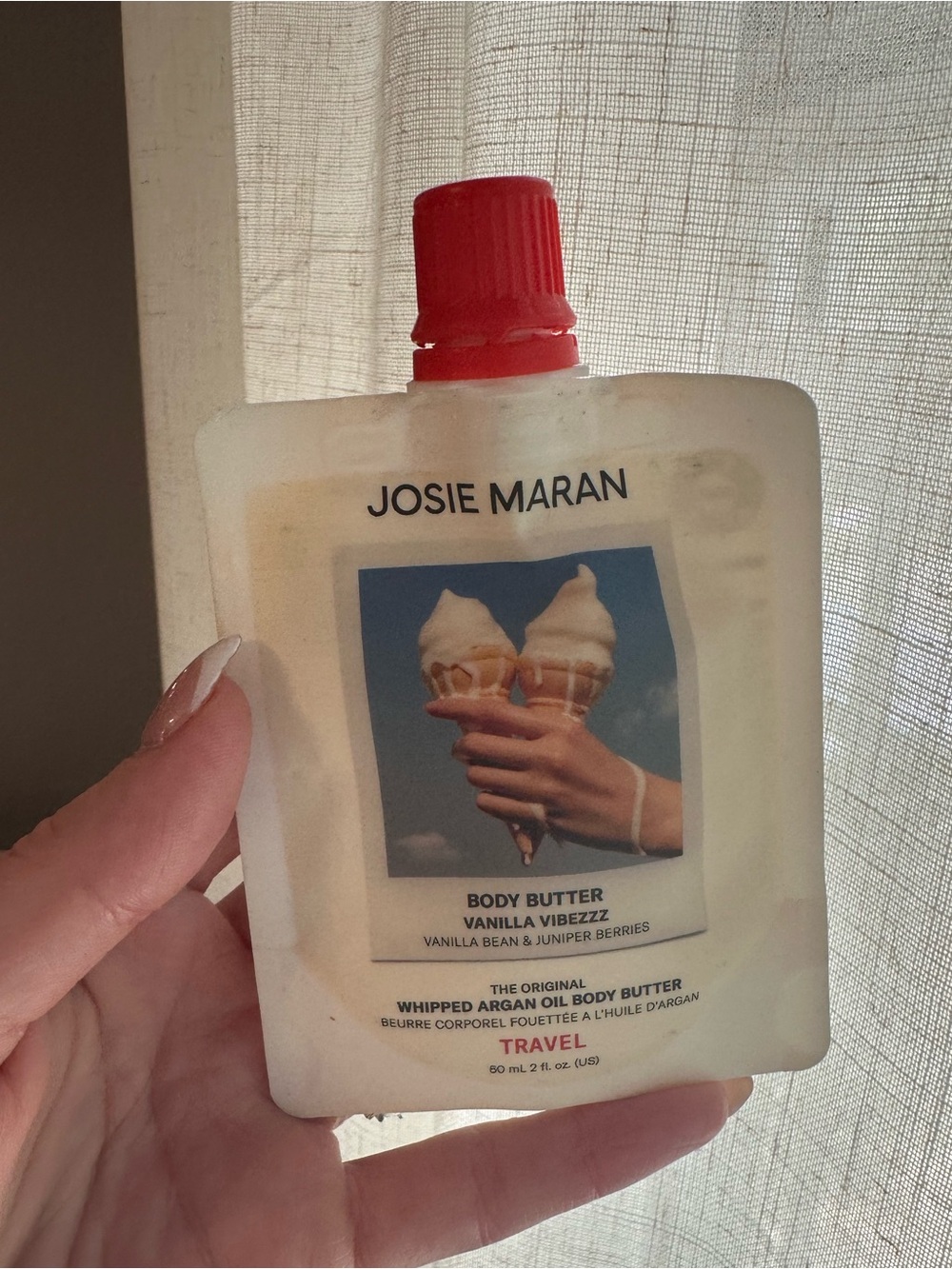 JOSIE MARAN Vanilla Vibezzz Travel Body Butter Pouch - White with Red Cap